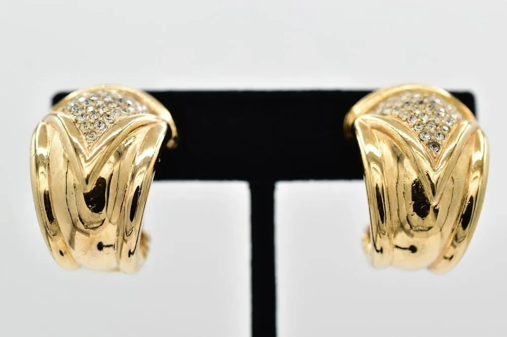 Christian Dior Vintage Clip On Earrings Rhinestone Crystal Heavy Signed BinBK